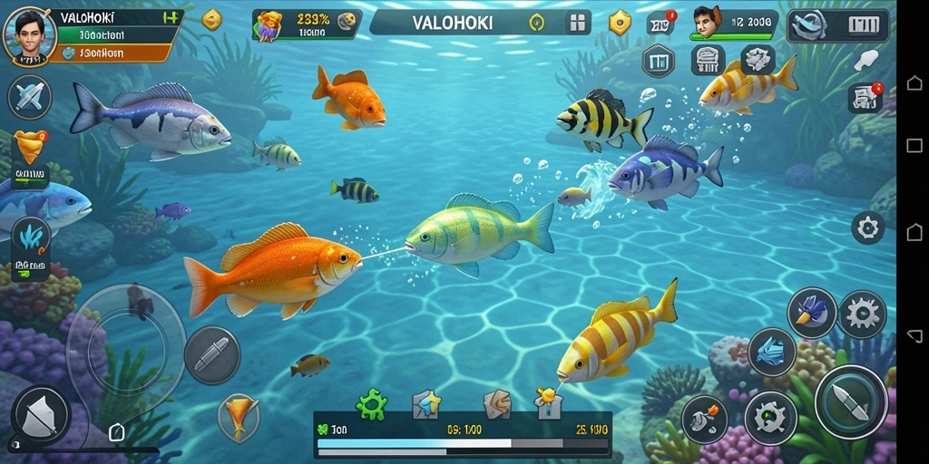 Screenshot menampilkan gameplay seru VALOHOKI dengan berbagai ikan untuk ditembak.