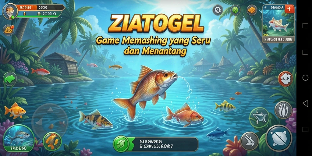 Screenshot ZIATOGEL menunjukkan pemain sedang memancing di laut yang indah.