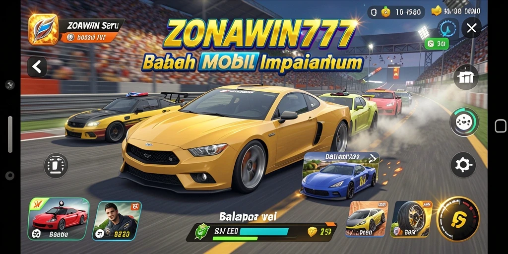 Screenshot gameplay ZONAWIN777 menampilkan mobil balap melaju kencang di sirkuit.